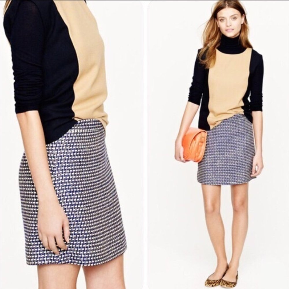 J. CREW Mini Skirt Navy Blue Gold Metallic Tweed Fall Winter Silk Size XS 2